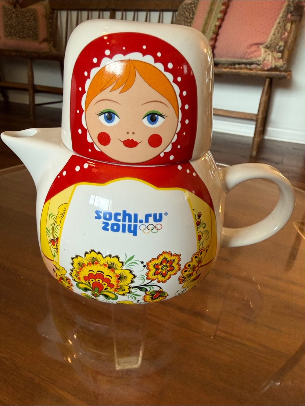 Sochi 2014 Matryoshka Ceramic Teapot - Red, Yellow Floral